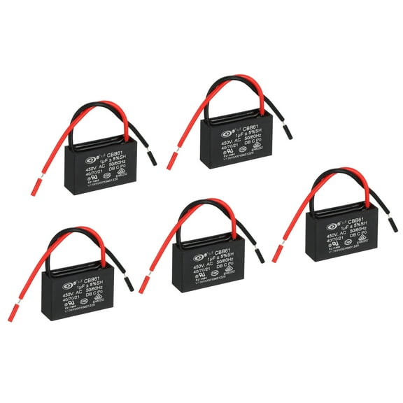 CBB61 Ceiling Fan Capacitor, 5Pcs 1uF 450V AC 50/60HZ with 2 Wires 37x23x23mm