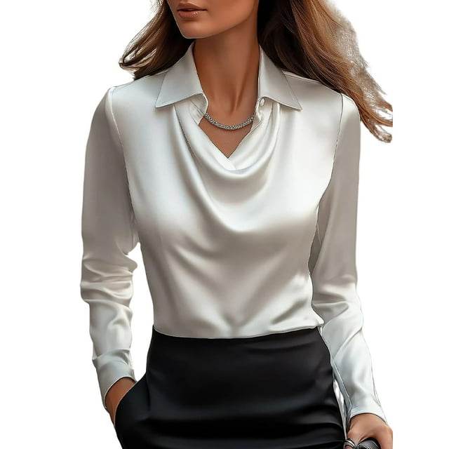 Blusa CORIRESHA elegante con cuello vuelto para mujer, blanco satinado