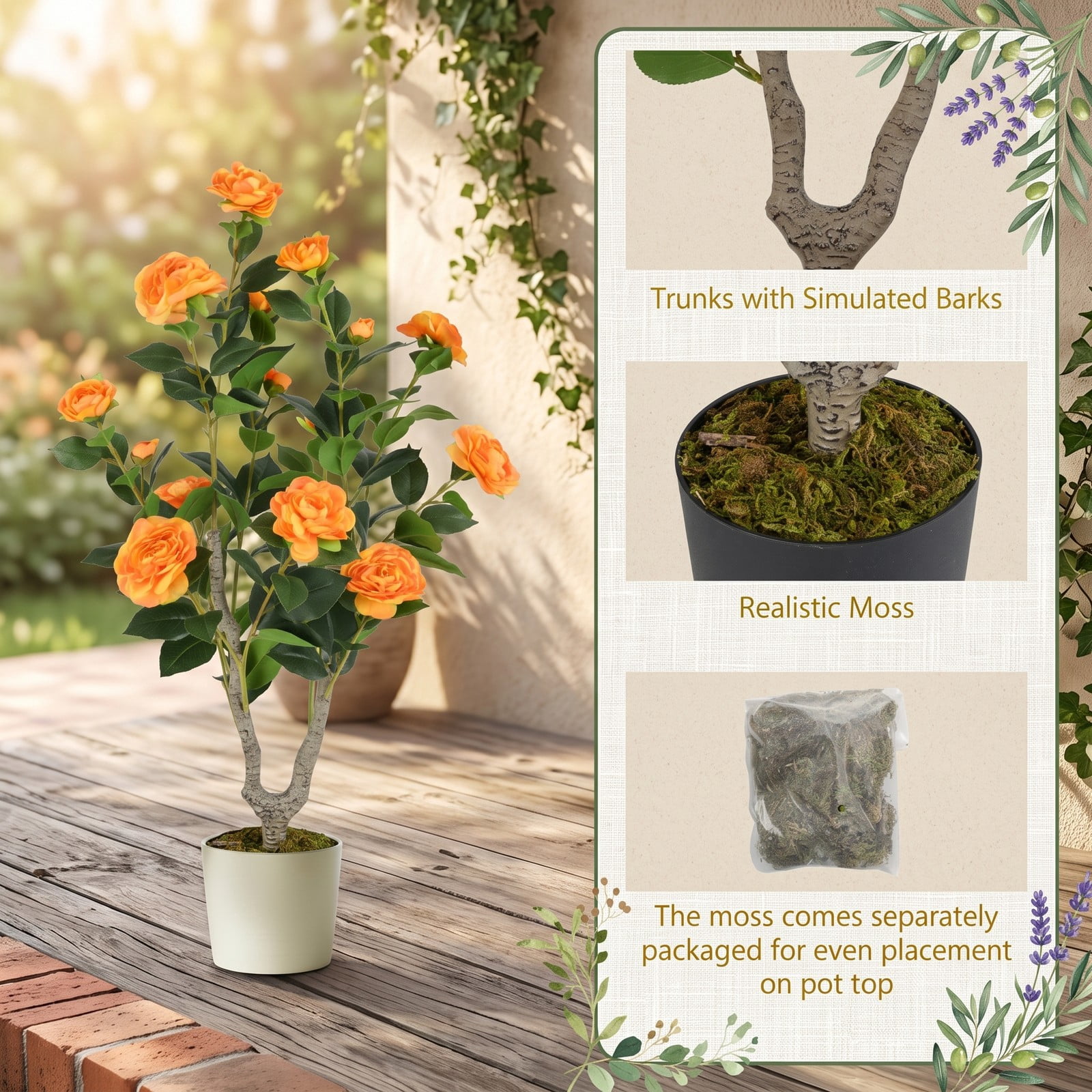 ALPULON 36 Inch Artificial Camellia Tree with Blooming Flowers, Set of 2 Faux Potted Camellia Plants with Cement-Filled Pots for Home Office Wedding Front Door, Orange