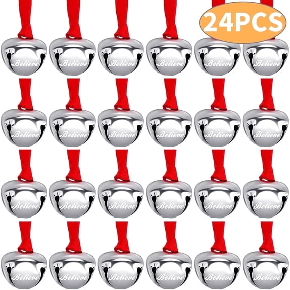 Christmas Believe Bell Ornaments,24-Pack Silver Sleigh Bells for Christmas Tree Decorations, Holiday Gifts for All