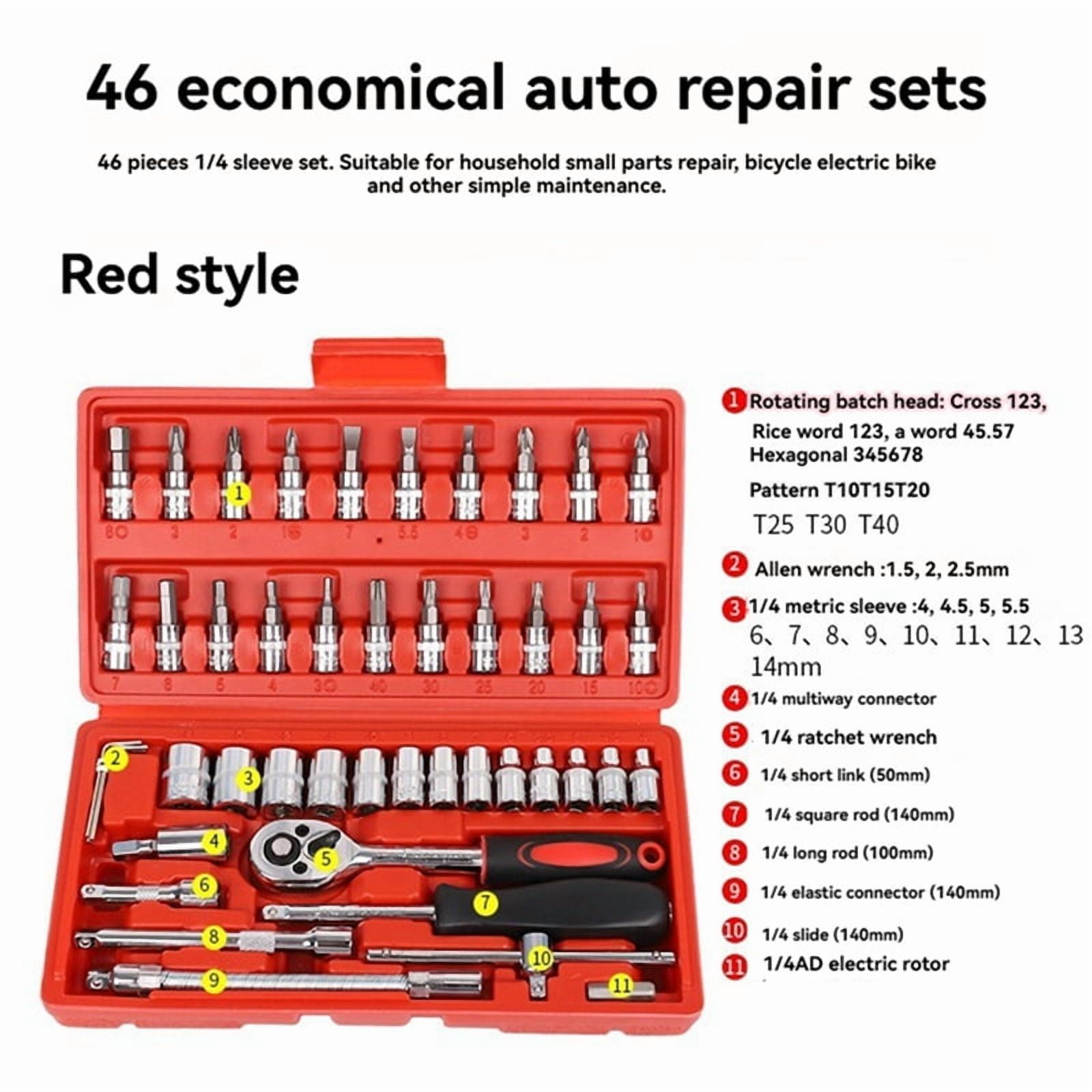 46 Piece/Set of Car Repair Tool Kit Socket Set Car Repair Tool Ratchet Torque Wrench Combo Auto Repairing Tool Set Red