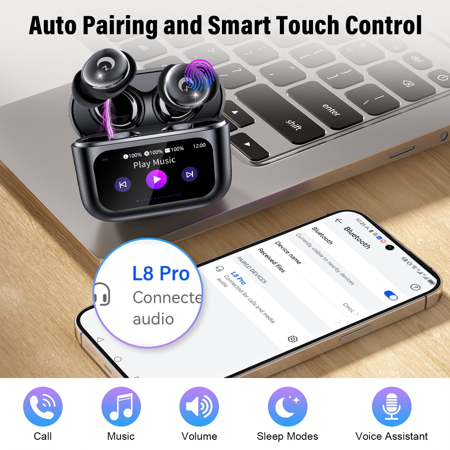 Sleep Earbuds Bluetooth 5.4 in Ear Smart Touch Screen Headphones, 48H Noise Cancelling Ear Buds with 5 EQ Modes, Mini Wireless Headphones Small Design for Side Sleepers, Clear Calls Earphones, IPX7