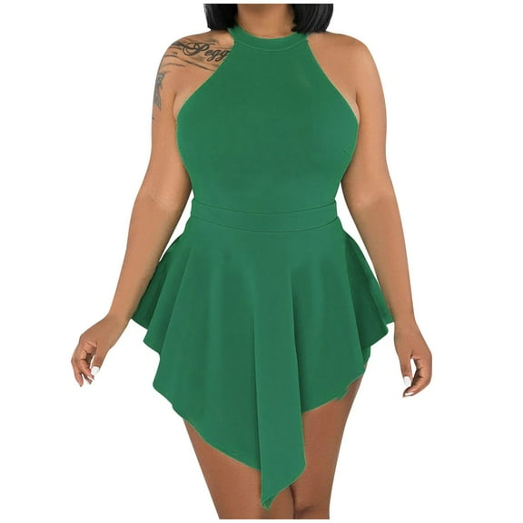 Mrat Womens Sleeveless Romper Back Zipper Cutout Irregular Club Jumpsuit Solid Plus Size Rompers Skirt S-24 Green XXL
