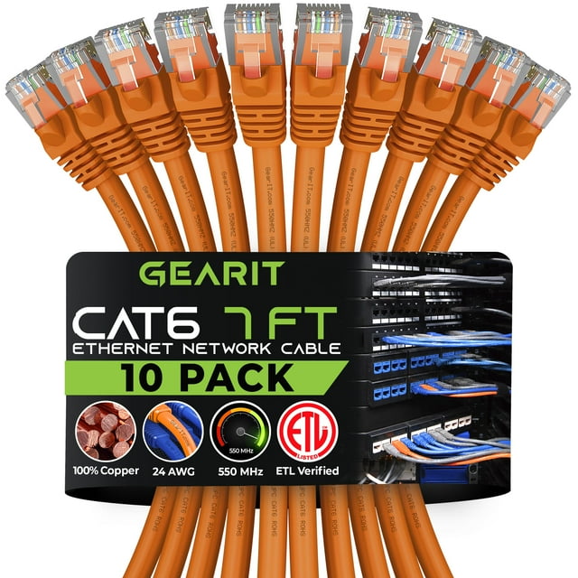 GearIT Cable Ethernet Cat 6 de 7 pies (paquete de 10) - Cable de conexión Cat6 Cable de conexión Cat 6 Cable Cat6 Cable Cat 6 Cable Ethernet Cat6 Cable de red Cable de Internet - Naranja 7 pies