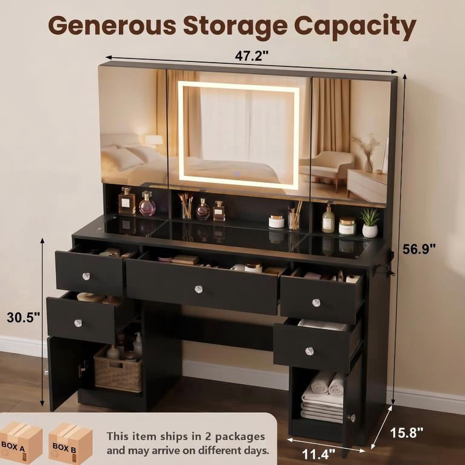 Lacoo Makeup Vanity with LED Lighted Mirror Cabinet & Charging Station, Black Vanity Set with Storage Drawers & Doors, Vanity Desk for Bedroom, Black