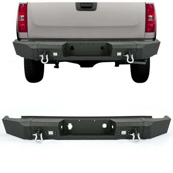 Kojem Rear Step Bumper for 2007-2013 Chevy Silverado 1500  GMC Sierra 1500 Pickup Truck Textured Black Steel with LED Lights & D-Rings