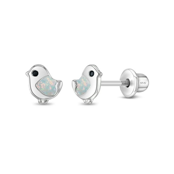 Simulated Opal Dove Kids / Children's Earrings Screw Back - Sterling Silver
