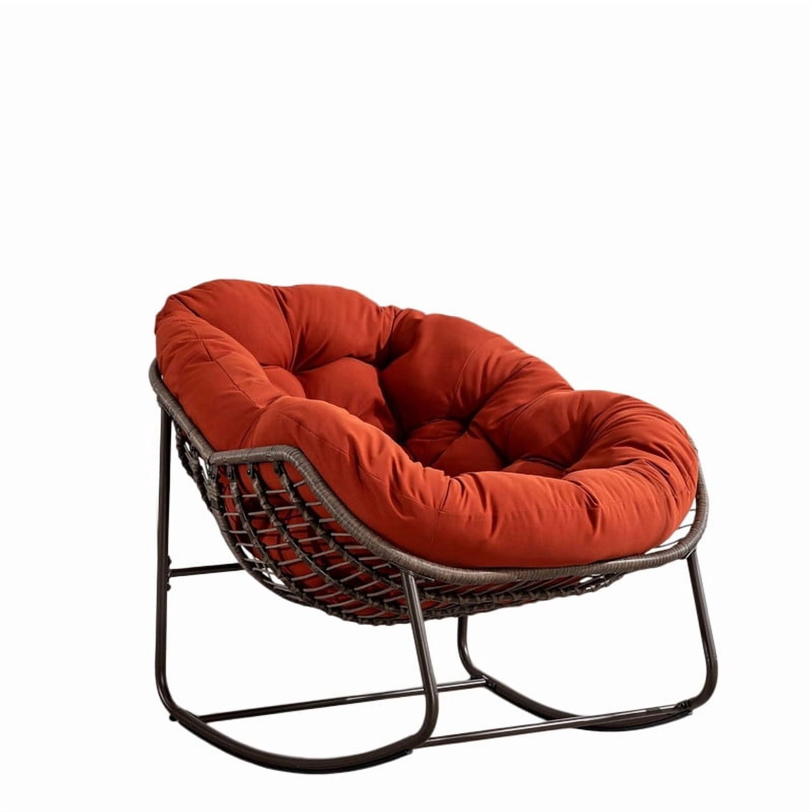 Outdoor Rattan Rocking Chair, Rocking Papasan Chair with Thick Cushion, Comfy Wicker Egg Chairs Lounge Recliner Chair, Padded Cushion Rocker