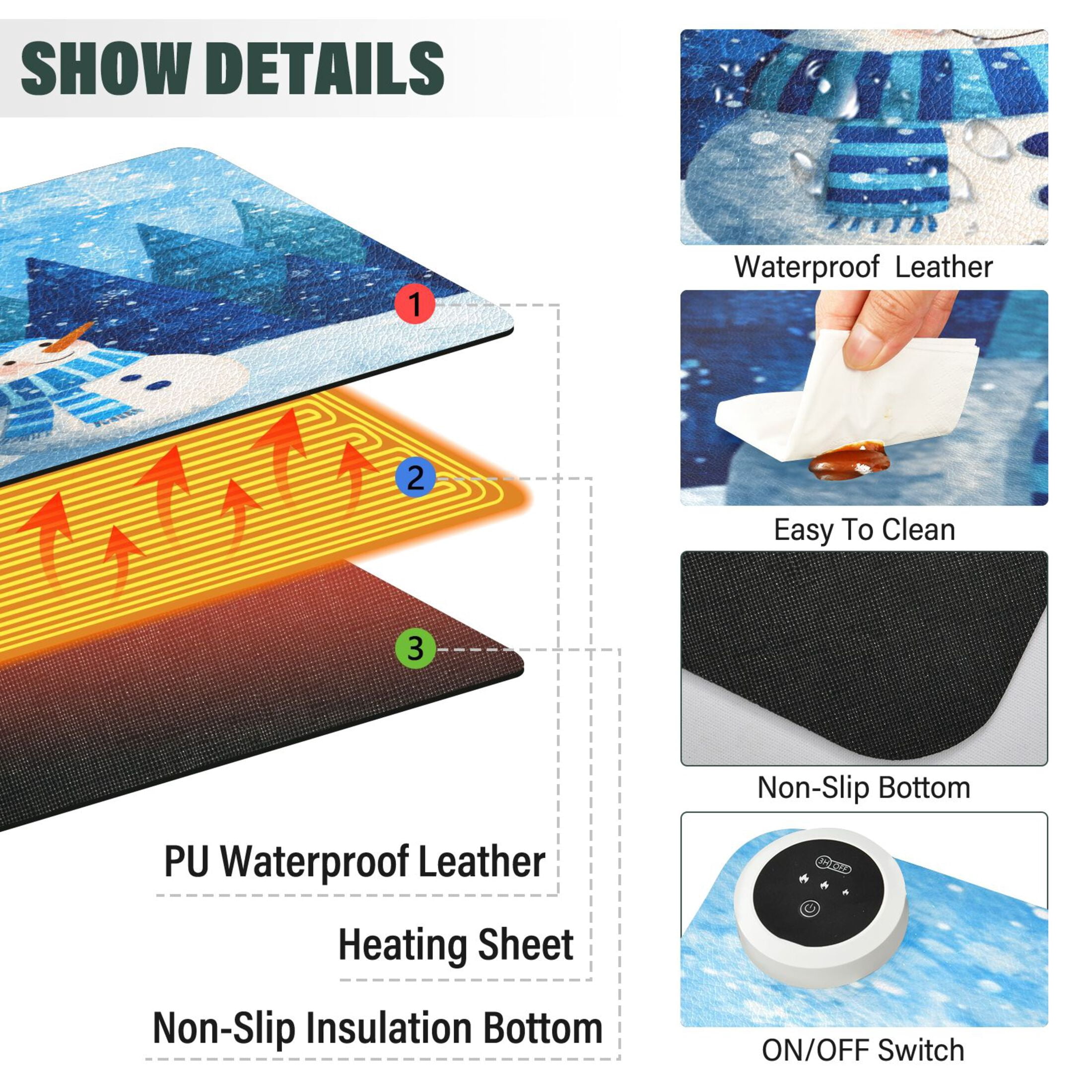 Large Heated Desk Mat Mouse Pad 31.5"x13"PU Leather Graphene Heating Desk Warmer with 3 Temperature Settings 110V US Plug Non-Slip Warm Pad for Home, Office, and Gaming Three Blue Cute Snowmen