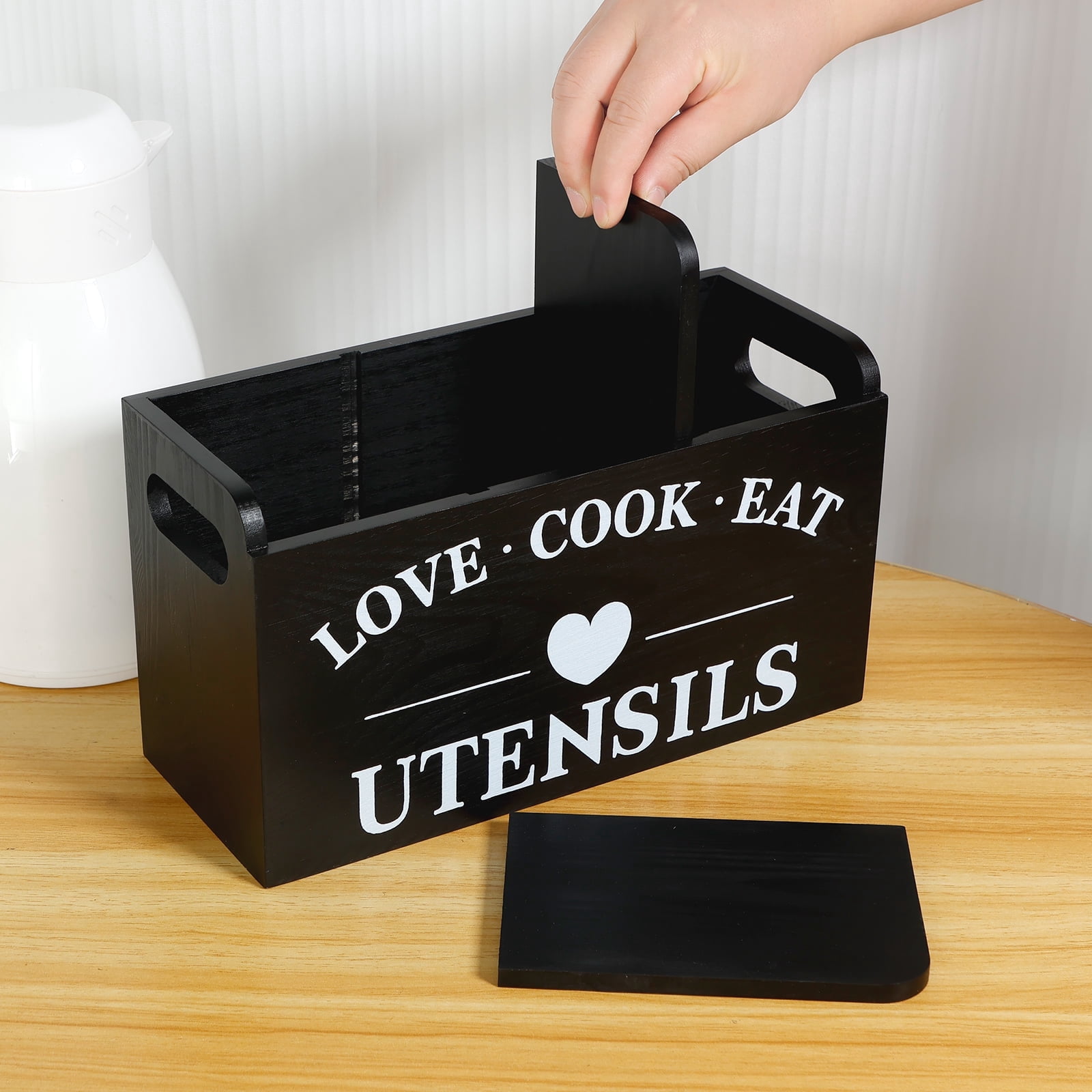 Wooden Utensil Holder for Kitchen Counter, Cooking Utensil Organizer with 3 Compartments, Adjustable Dividers Utensil Crock for Silverware Spoon Spatula