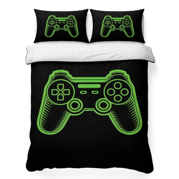 Twin XL Quilt Set 68''x98'', Green Game Controller Lightweight Bedspread Coverlet Set with 2 Pillow Shams, Modern Art Gaming Handheld Black Breathable All Season Quilt Bedding for Dorm/Guest Room
