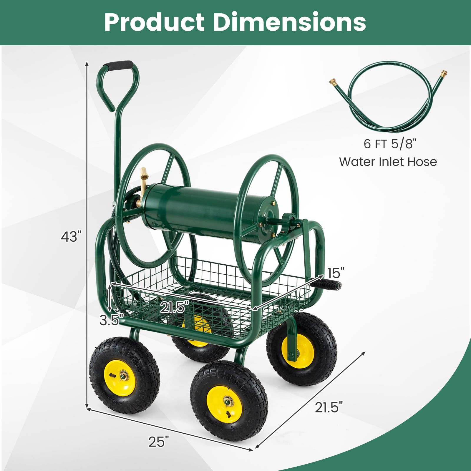 Costway Garden Hose Reel Cart with 4 Wheels, Storage Basket, 300 FT of 5/8” Large Capacity Green