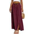 thumbnail image 2 of Women's Cotton Linen Midi Skirt Casual A Line Flowy Swing Elastic High Waist Midi Skirts Casual Beach Party Skirt Wine 2XL, 2 of 5