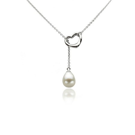 Mother's Day Gift 10-11mm White Freshwater Pearl and Sterling Silver Heart Chain Necklace