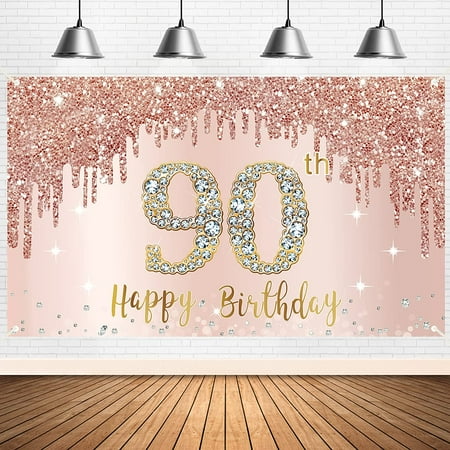 Image of Happy 90th Birthday Banner Backdrop Decorations for Women - Rose Gold 90 Party Supplies | Stunning Rose Gold Design | 73 x 43 | Perfect for Unforgettable Photos
