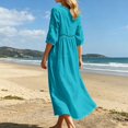 thumbnail image 5 of Bysome Women Dress Solid Color 3/4 Sleeve V-Neck Flowy Dresses Summer Casual Women Dresses Size M Sky Blue, 5 of 8