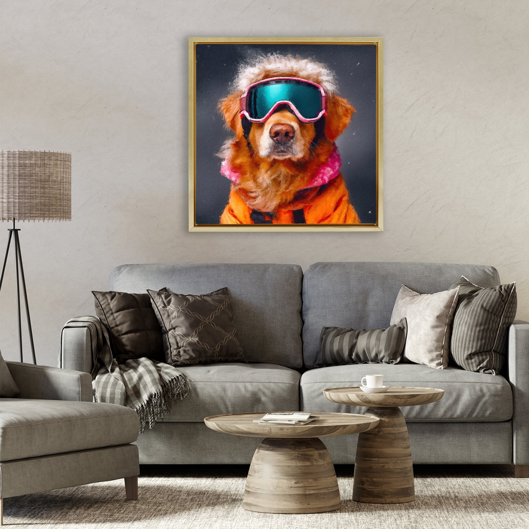 Ski Dog with Goggles Gold Framed Floater Canvas Wall Art, design by Sean Parnell