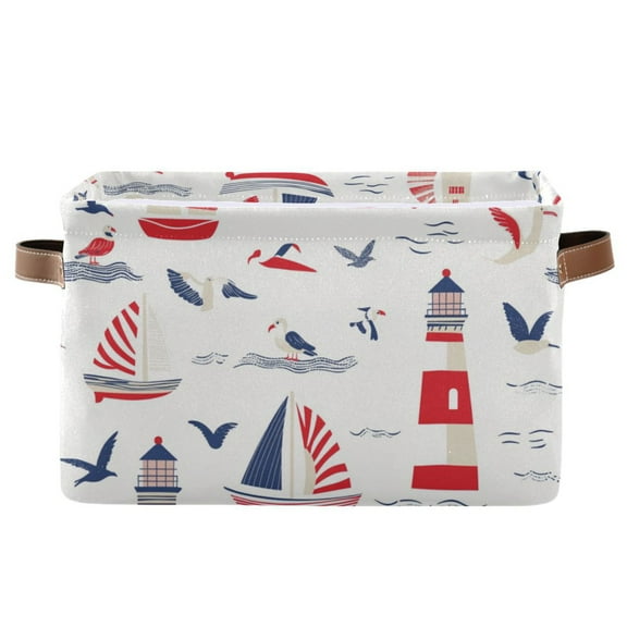 WOBOGO Nautical-themed Seamless Pattern with Boats Square Storage Basket with Waterproof Canvas and PE Lining Durable PU Leather Handles 14.2×10.2×8.3in