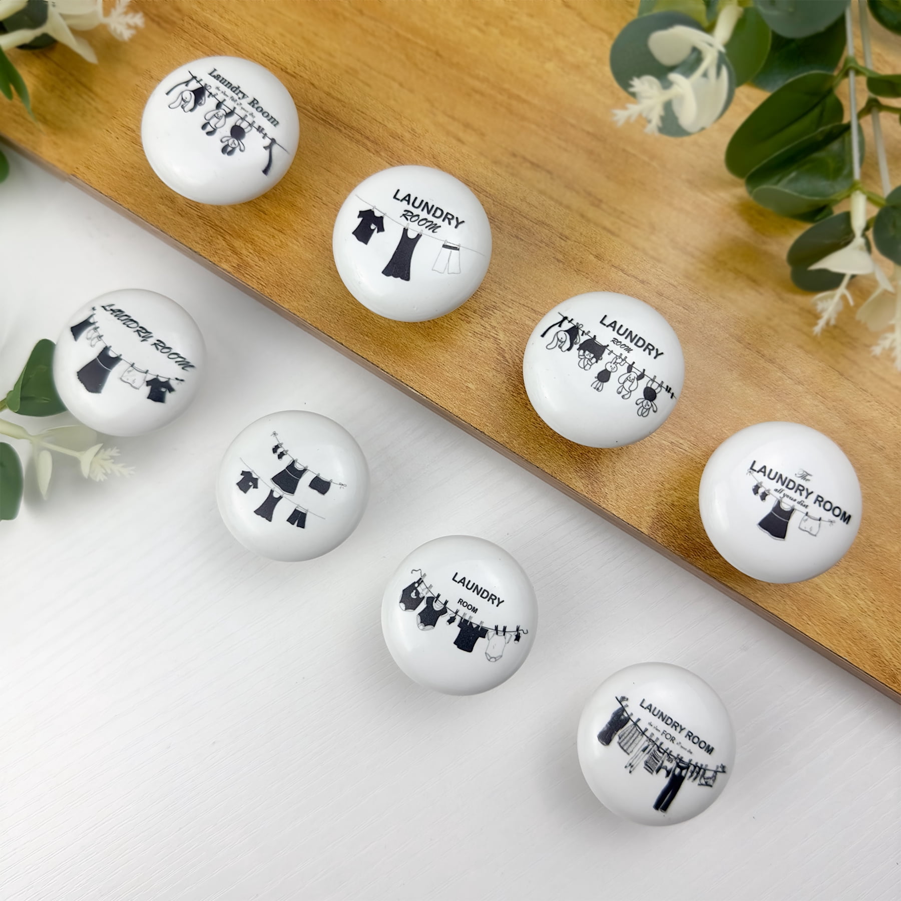Jamjam 8Pack1.5"Clothesline Ceramic Knob Unique Retro Laundry Washing Line Room Black and White Furniture Cabinet Drawer Knobs Handles or Pulls