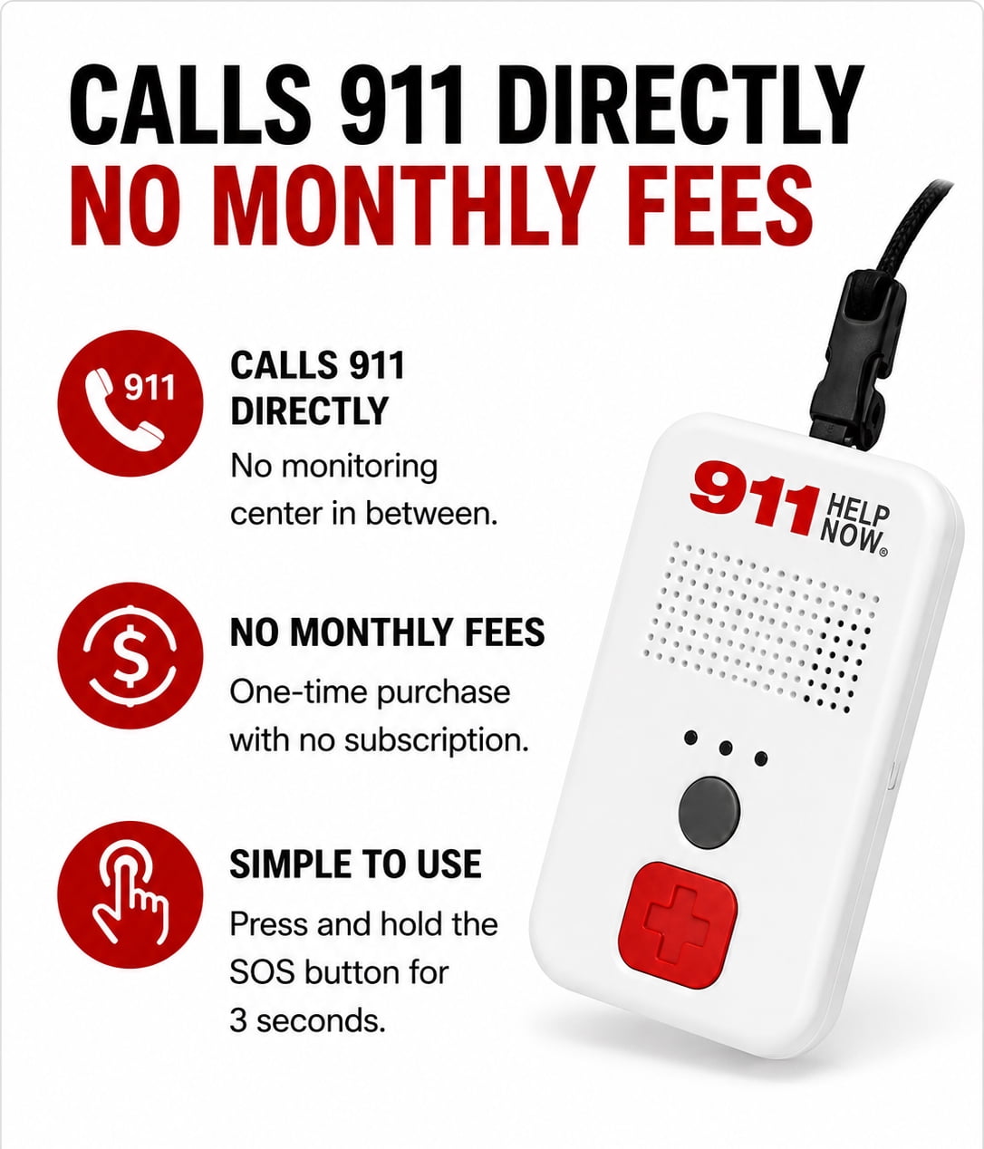 911 Help Now - No Monthly Fees Ever - One-Touch Direct Connect, Emergency Communicator Pendant Medical Alert
