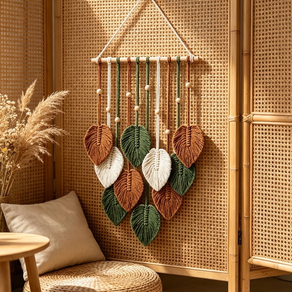 Miwamany Bohemian Leaf Macrame Wall Hanging Tapestry Hand Woven Cotton Art, 15.7x26.7 inch Boho Home Decor for Bedroom Living Room Apartment, Housewarming Gift