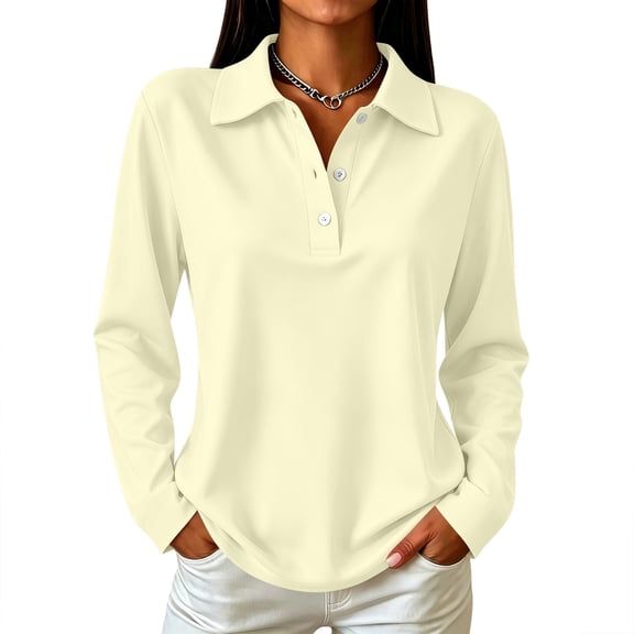 Fabrcox Long Sleeve Beige Polo Shirts for Women Collared Golf Shirt for Women Button Up Side Slits Trendy Uniforms Women's Business Casual Tops XL