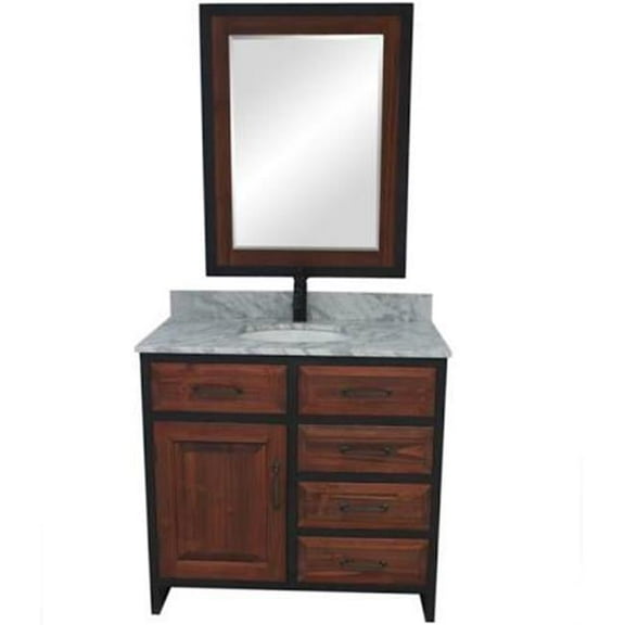 Infurniture WK8836-BR-CW TOP 36 in. Rustic Solid Fir Single Sink Iron Frame Vanity in Brown with Carrara White Marble Top
