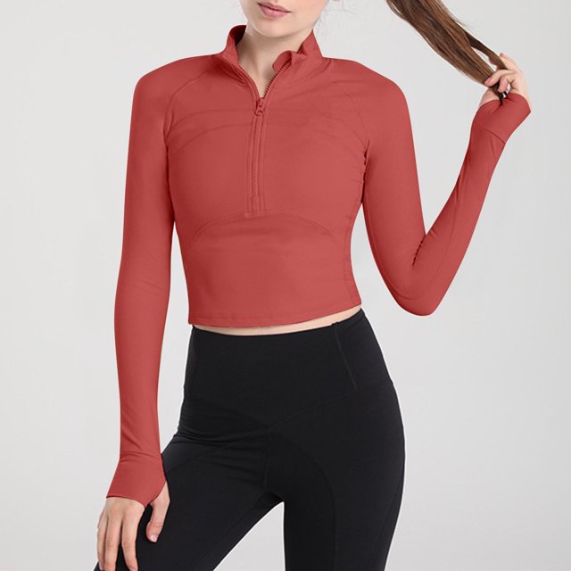 Sentmoon Chemises à Fermeture Éclair Manches Longues Hauts pour Femmes Col Rond Gym Chemises à Manches Longues pour Femmes Coupe Régulière Tenues Simples d'Automne pour Femmes 2024 Rouge m Économies d'Automne