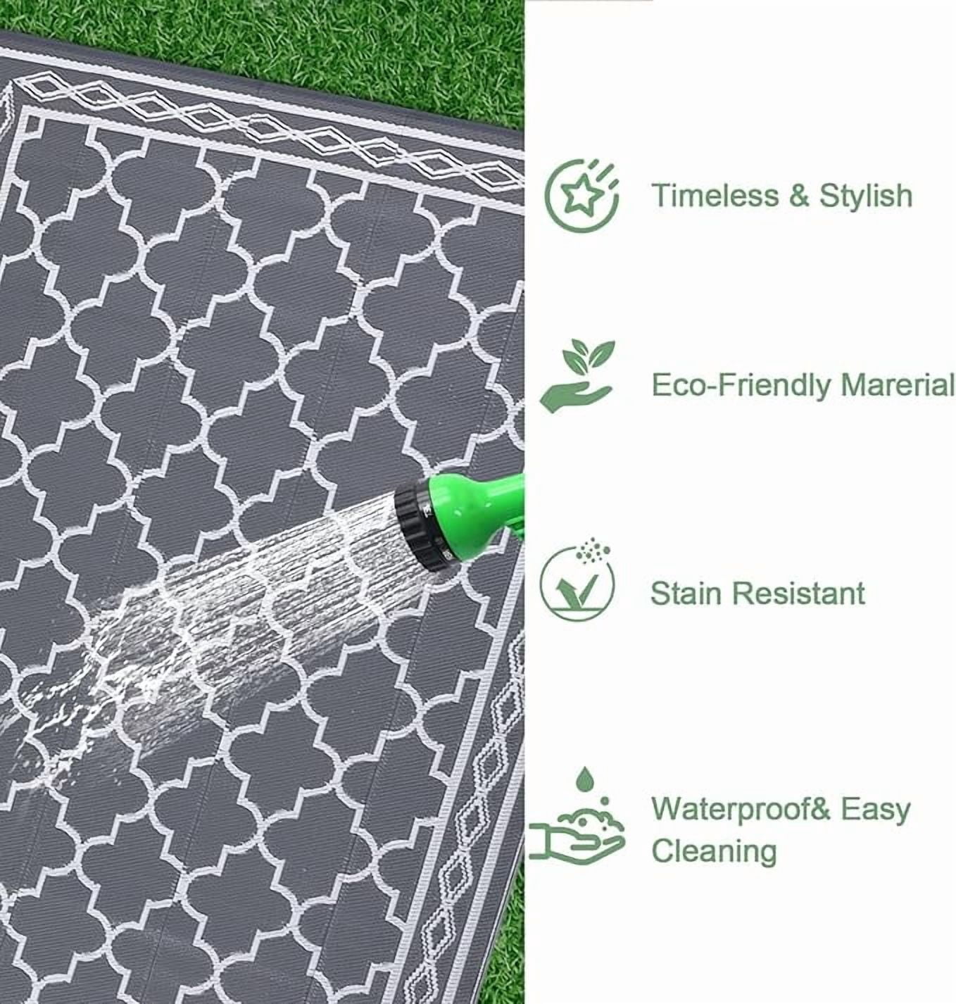 Outdoor Rug 10x14 Reversible Mats, Plastic Straw Rug, Large Floor Mat and Rug for Outdoors, Modern Area Rug, Patio, Backyard, Deck, Picnic, Beach, Trailer, Camping, Grey/White(Geometric)