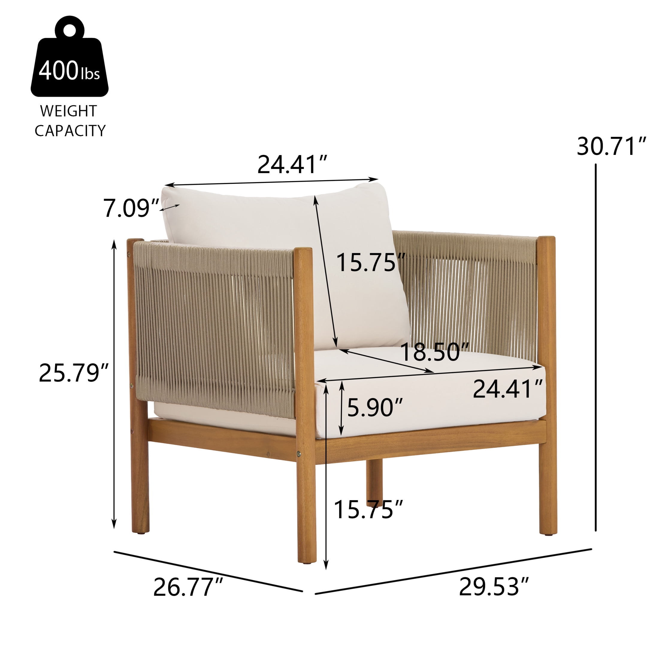 Christopher Knight Home Teak Outdoor Acacia Wood Club Chair with Rope Panels and Cream Cushions, Set of 2
