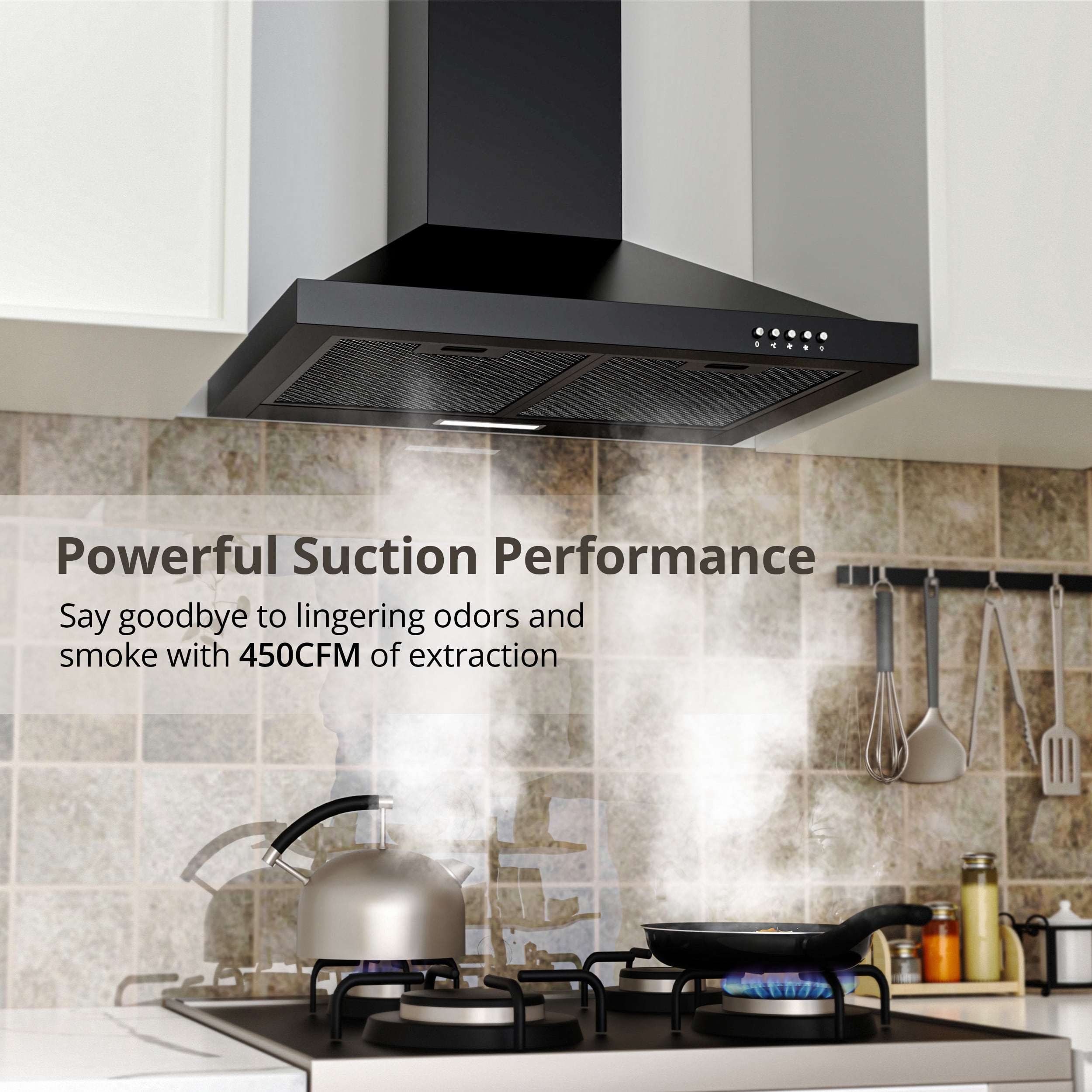 FIREGAS 24-Inch Black Wall Mounted Range Hood, 450m³/h Suction Power, Stylish Design with Two Smoke Evacuation Modes, 3-Speed Push Button Control,Convertible Ducted/Ductless