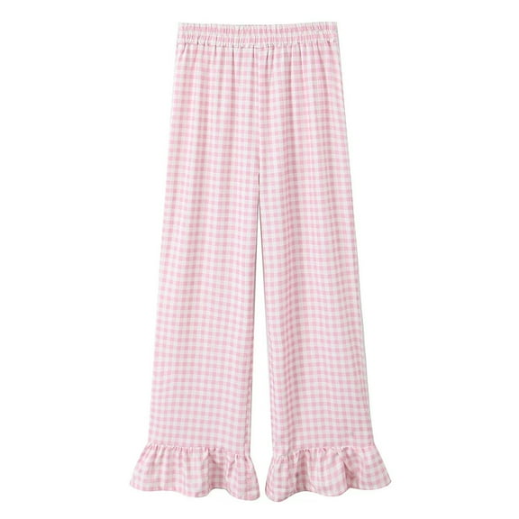 TrendOFT Womens Gingham Pants Cute Wide Leg Lounge Pants Y2k Plaid Ruffle Hem Elastic High Waist Baggy Trouser Pink S