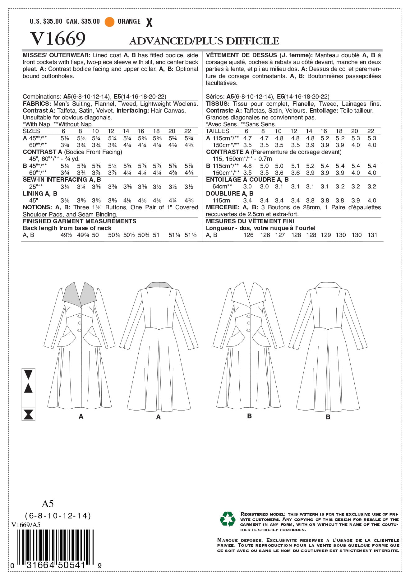Vogue Patterns Pattern Vintage Vogue, Misses' Outerwear Sizes 141618