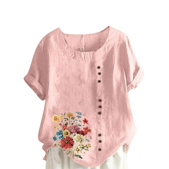 ZQUUVOU Women's T-Shirt Round-Neck Printed Short Sleeve Button Blouse Pink (3XL)