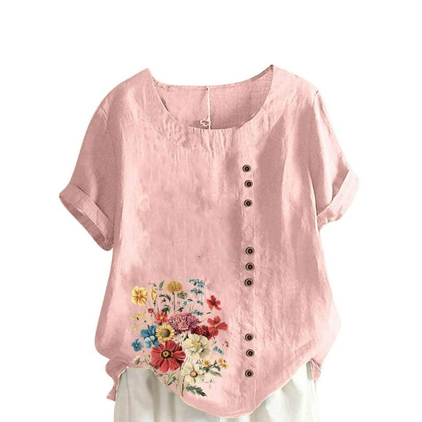 Vestidos Casuales Para Mujer, Blusas De Mujer De Moda Blusa informal de lino con cuello redondo, manga corta y botones para mujer