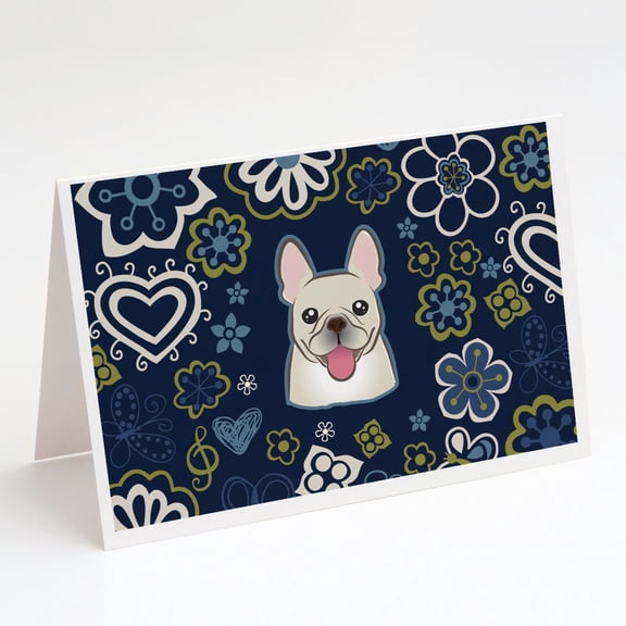 Blue Flowers French Bulldog Greeting Cards and Envelopes Pack of 8