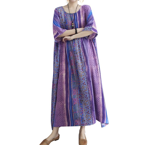 Vestido suelto para mujer, bolsillos con estampado floral vintage, media manga, batas informales bohemias para vacaciones de gran tamaño