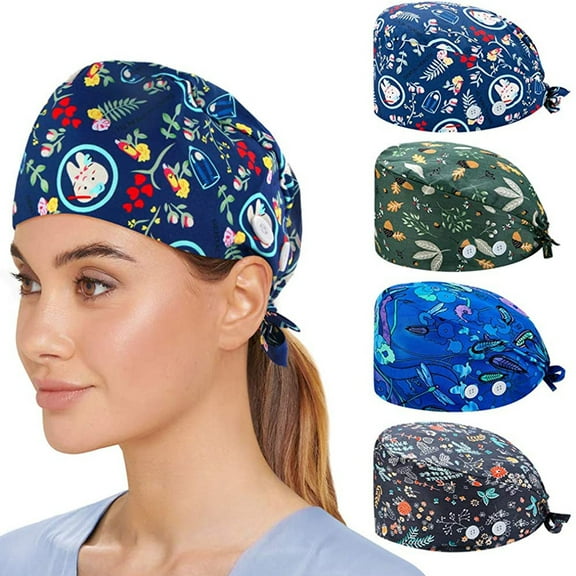 Xfvqtps 4 PCS Scrubs Cap for Women Nurse Caps for Women Nursing Working Caps with Button Colorful Print Adjustable Elastic Scrub Hats Multicolor