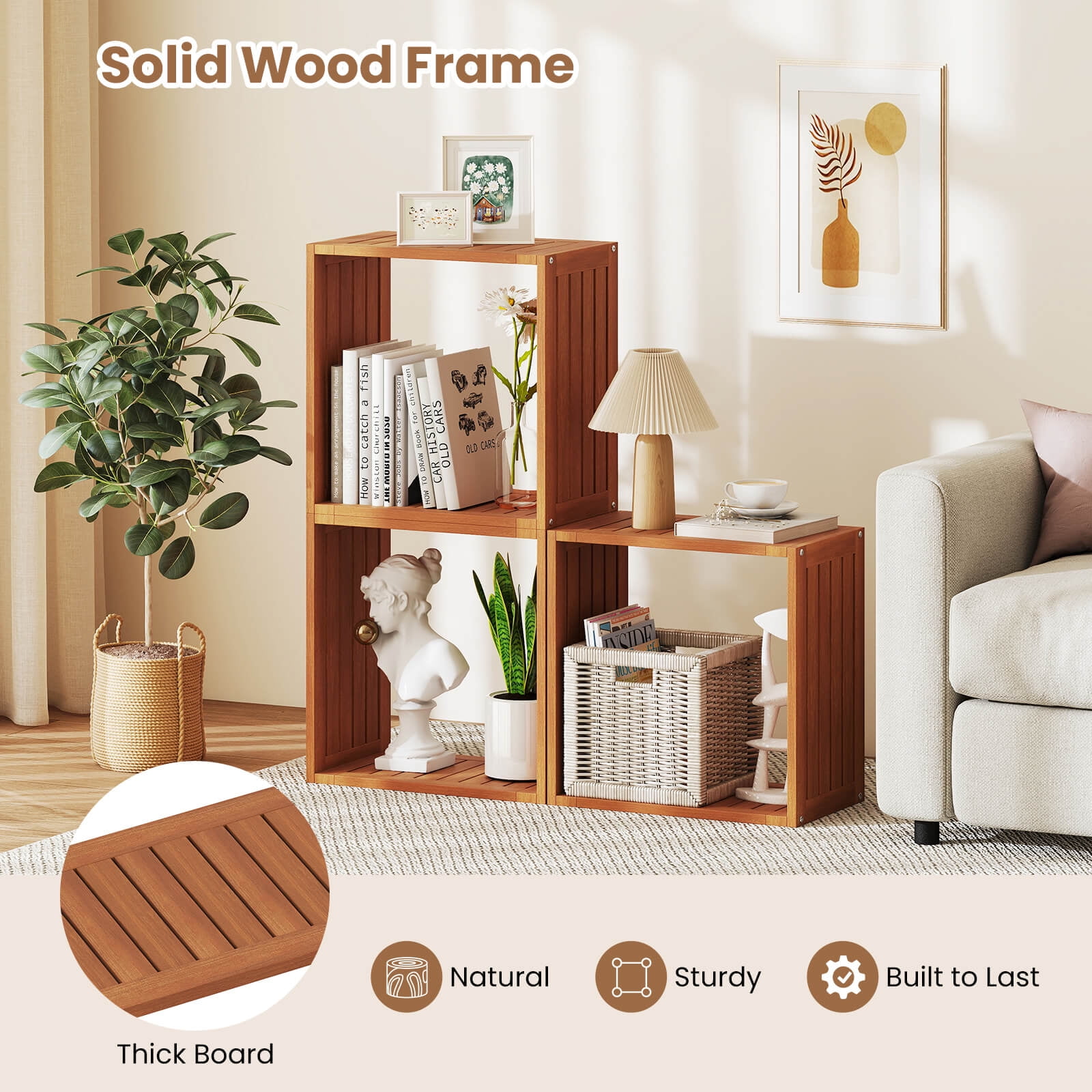 Costway 2 PCS 3 Cube Storage Organizers Stackable Bookcase Shelves for Small Spaces Teak