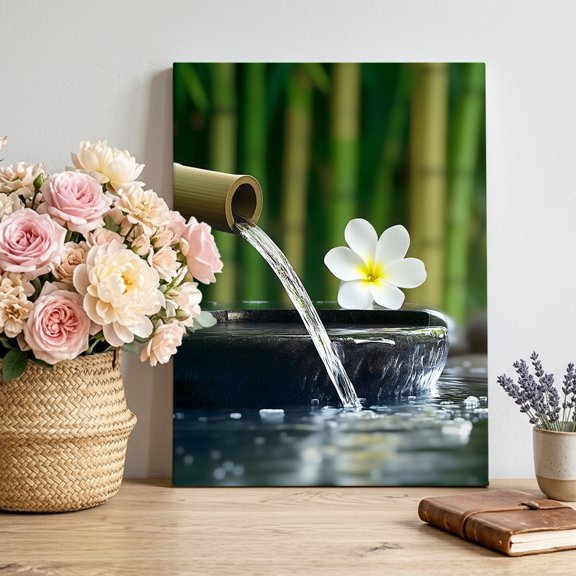 Canvas Wall Art, Zen Stones Water Flowing Framed Canvas Prints for Living Room Bedroom, Floral Green Forest Gallery Wrapped Wall Decor for Home Office, Gifts, 12"x16" Ship Next Day