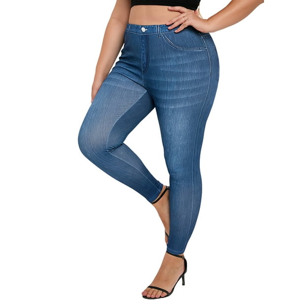 Sexy Dance Women Oversized Faux Denim Pant Tummy Control Fake Jeans High  Waist Plus Size Leggings Slim Fit Pencil Pants Butt Lifting Trousers Blue  5XL 