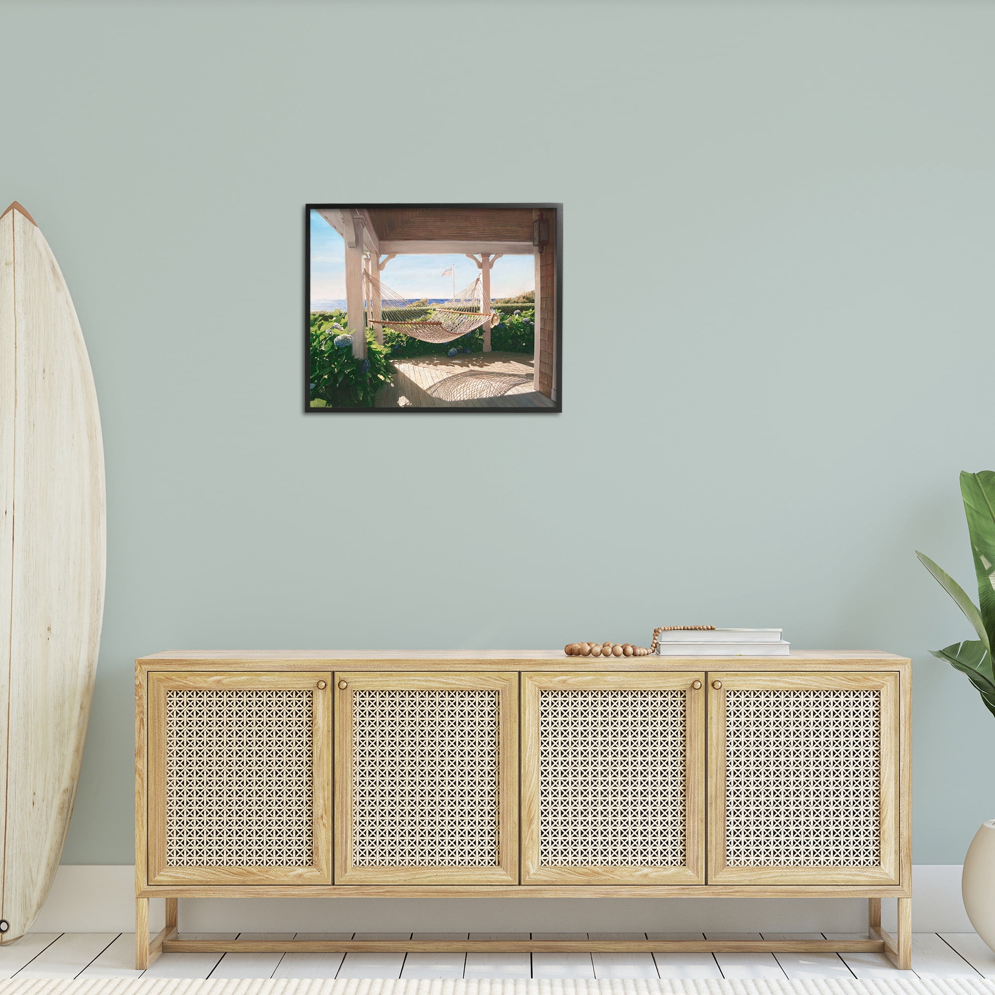 Stupell Industries Hammock & Coastal Porch Landscape Painting Black Framed Art Print Wall Art, 30 x 24