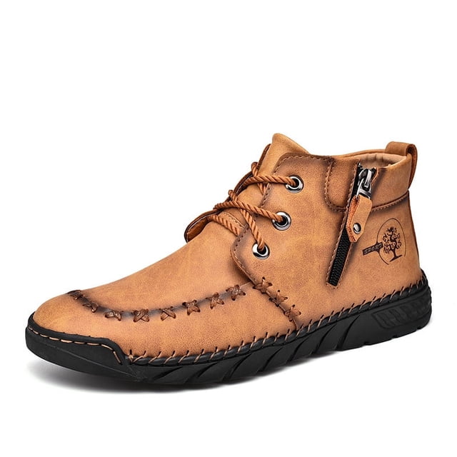 Botas cortas de caña media para hombre, de talla grande, cosidas a mano, con cremallera y caña alta, de cuero