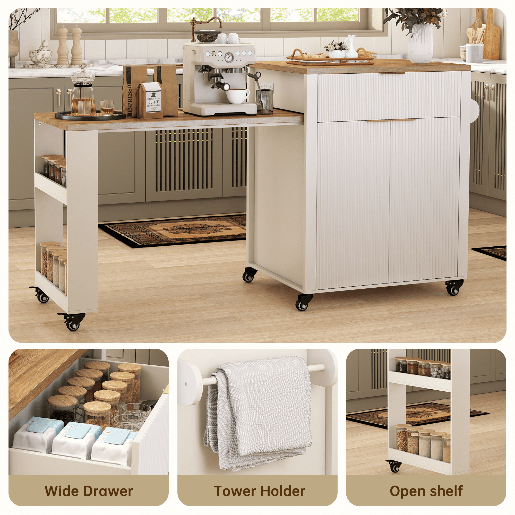 FOOWIN Kitchen Island with Extendable Dining Table, Mobile Island Table with Cabinets, Drawers, Power Outlets, White