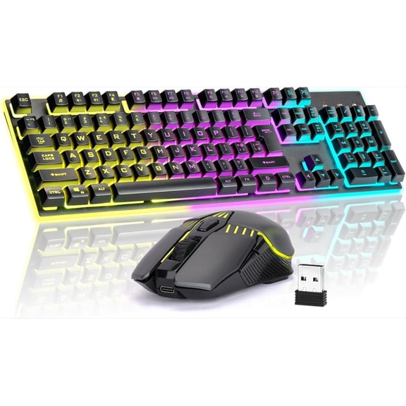 Gaming Wireless Keyboard and Mouse, Rechargeable RGB Backlit, Metal Panel, Mechanical Feel Anti-ghosting Keyboard with Side Button