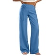 thumbnail image 3 of Guluxicc Women's Linen Pants with Pockets Elastic Waist Drawstring Wide Leg Trousers for Everyday Wear Summer Casual Outfits, 3 of 6