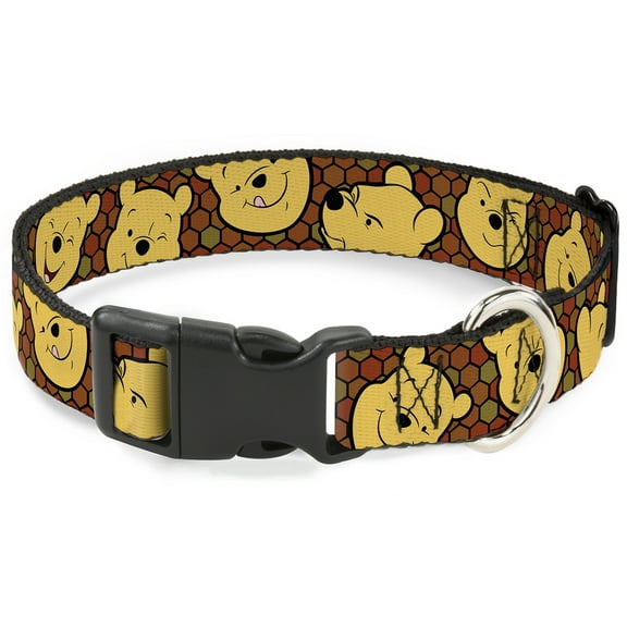 Disney Pet Collar, Dog Collar Plastic Buckle, Winnie the Pooh Expressions Honeycomb Black Browns, 7 to 8.5 Inches 0.5 Inch Wide