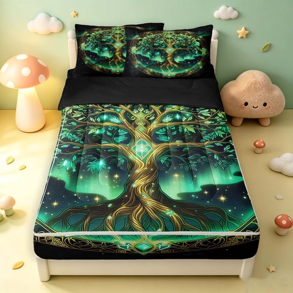Homewish Astrology Tree Of Life Zipper Twin Comforter Sets with Fitted Sheet and 2 Pillowcases,Nature Boho Aesthetic Zipper Bedding Set,Green Gold,Black Reversible,4pcs