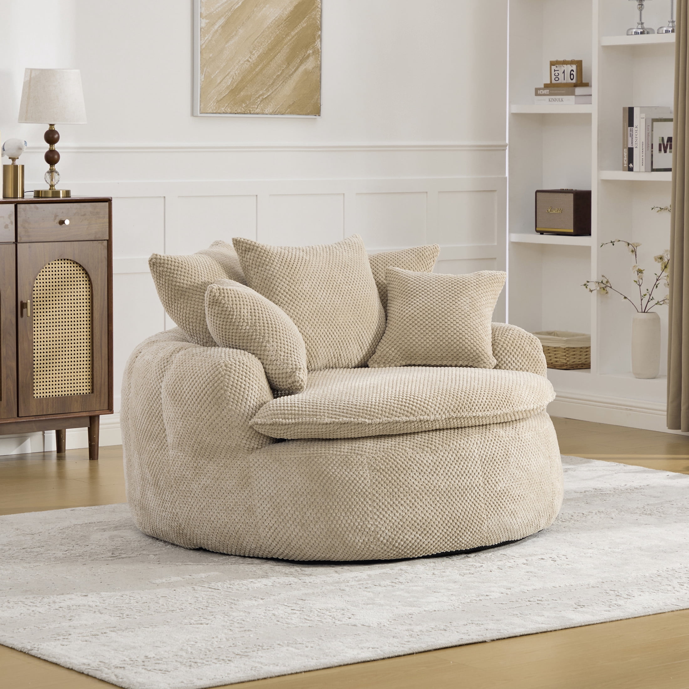 GDF Studio 53.15-Inch Oversized Pumpkin-Shaped Lounge Chair with Pineapple Lattice Fabric, Taupe