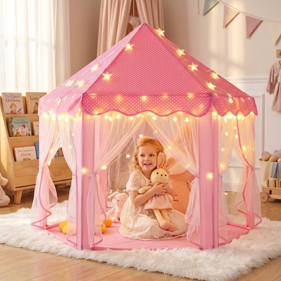 Sisticker Princess Castle Playhouse Tent for Girls with LED Star Lights – Indoor & Outdoor Large Kids Play Tent for Imaginative Games –Pink Hexagon,Large with Carrying Bag